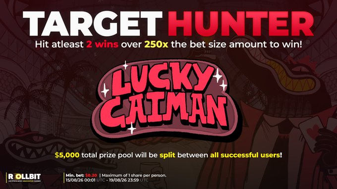 The image is a promotional banner for "TARGET HUNTER" on Lucky Caiman, showing a $5,000 total prize pool to be split among successful users who hit at least 2 wins over 250x their bet size, with a minimum bet of $0.30 and a maximum of 1 share per person, valid from 15/08/26 to 19/08/26 UTC, branded with the Rollbit logo and featuring cartoon caiman illustrations.