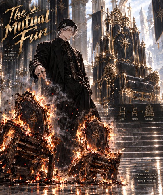 A dramatic anime poster titled 'The Mutual Family' featuring a silver-haired figure in black attire standing before an ornate throne, with burning thrones at his feet and text reading 'MERGE THE SOULS, UNLOCK SOMETHING GREATER' and 'SAME CHAIR BIGGER CHAIR MORE POWER'.