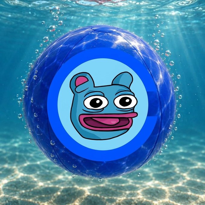 A blue beach ball featuring the cartoon character Brett floats underwater, with the image serving as a visual pun on the $BRETT meme coin ticker while reinforcing the post's bullish sentiment about the token's potential market cap growth on Base.