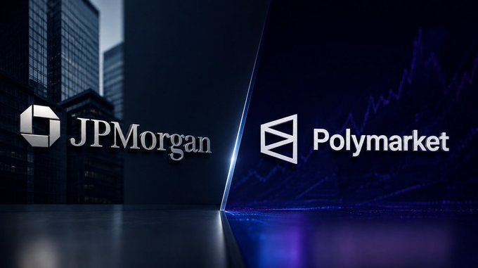 A graphic displaying the JPMorgan and Polymarket logos side by side, with a city skyline on the left and a glowing stock chart on the right.
