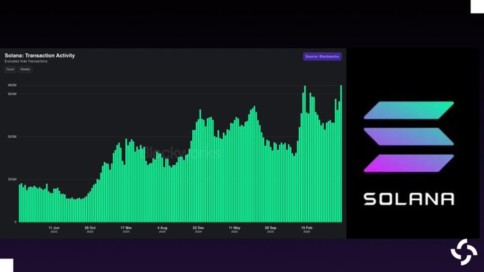 This image shows a chart of Solana's transaction activity, with the highest transaction counts recorded on the graph, confirming the accompanying post about Solana reaching all-time highs in transaction activity.