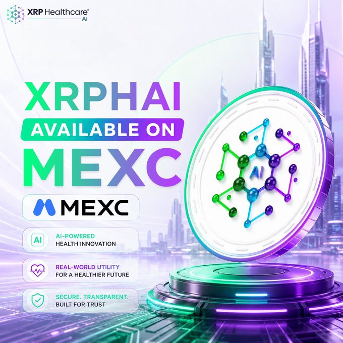 A promotional graphic announcing 'XRPHAI AVAILABLE ON MEXC', featuring a large coin with an AI molecular structure and a futuristic city skyline.