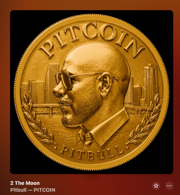 A Spotify interface shows the song '2 The Moon' from the album 'PITCOIN' by 'Pitbull', featuring a gold coin design with a profile portrait and the text 'PITCOIN' and 'PITBULL'.