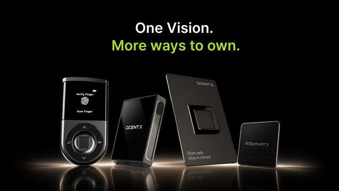 A lineup of four sleek black D'CENT products is displayed against a dark background beneath the bold text "One Vision. More ways to own." The image showcases the company's biometric wallet lineup—including the fingerprint-secured Biometric Wallet, the upcoming DCENT X, the DCENT S ("Start safe, stay in control"), and the R3covery Card—visually reinforcing the message that different products share one unified vision of putting ownership in the hands of users.