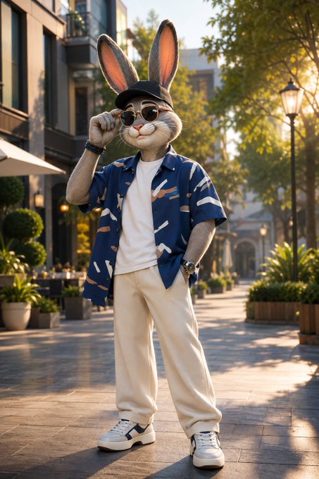 An AI-generated image of an anthropomorphic rabbit wearing a black cap, sunglasses, a blue patterned shirt over a white t-shirt, and cream pants, standing confidently on a sunny city street.