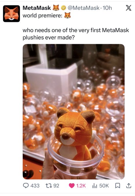 A MetaMask X (formerly Twitter) post asking 'who needs one of the very first MetaMask plushies ever made?' with a photo of the fox plushie, receiving 50K views.