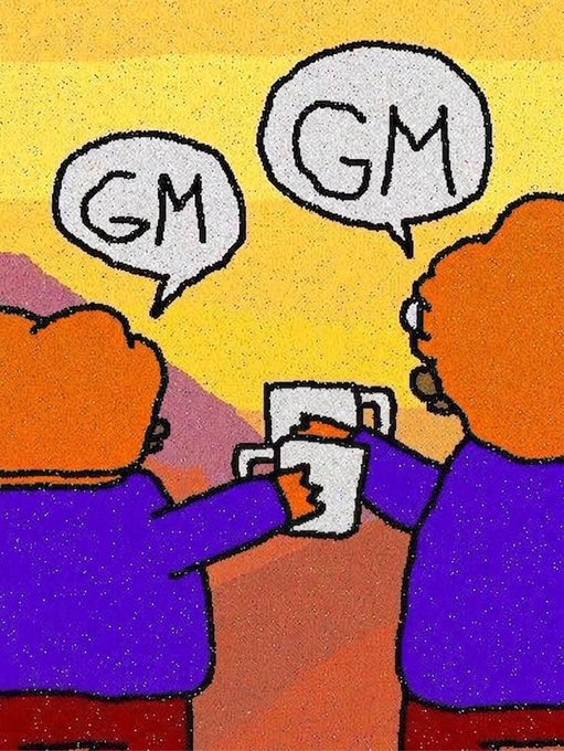 Two cartoon figures with orange hair toasting mugs together, each with speech bubbles saying "GM," visually representing the celebratory "GM, Gmonad winners" post with a sunrise backdrop symbolizing the "big day today."