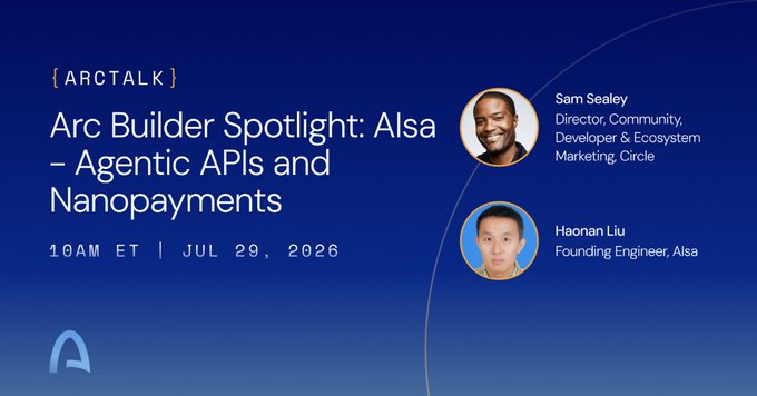 Promotional banner for an ARCTALK event titled "Arc Builder Spotlight: Alsa – Agentic APIs and Nanopayments" on July 29, 2026, featuring Sam Sealey (Circle) and Haonan Liu (Alsa).