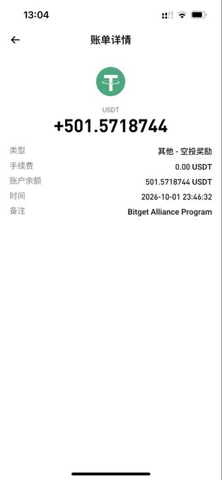 A Bitget app transaction details screen displays a received USDT reward of +501.5718744 from the "Bitget Alliance Program" (空投奖励/Airdrop Reward), dated 2026-10-01 23:46:32 with zero transaction fee. The image illustrates the post's claim about receiving 500 USDT in airdrop rewards from Bitget's Peer Program Phase 1 distribution.