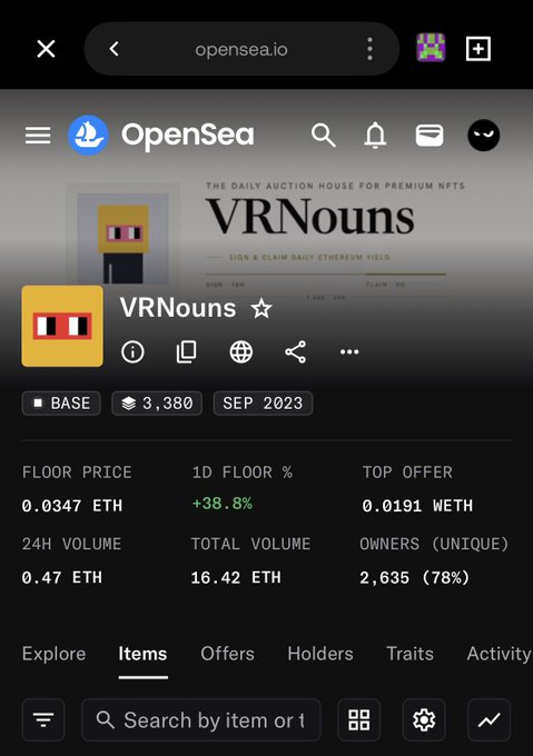 A screenshot of the OpenSea NFT marketplace showing the VRNouns collection page with stats including a floor price of 0.0347 ETH, 1D floor percentage of +38.8%, and 3,380 items.