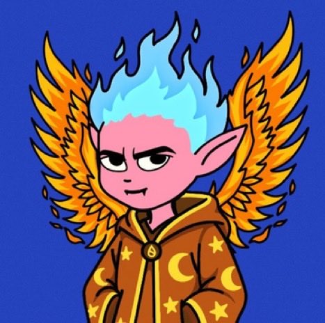A cartoon illustration of a pink-skinned character with blue flaming hair, pointed ears, and orange flame wings, wearing a brown robe decorated with stars and moons against a blue background.