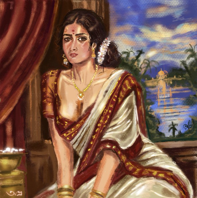 A painting depicts a South Asian woman in traditional attire (sari with gold border) and jewelry (necklace, earrings, bangles), seated with a curtain and tropical landscape with water visible in the background.