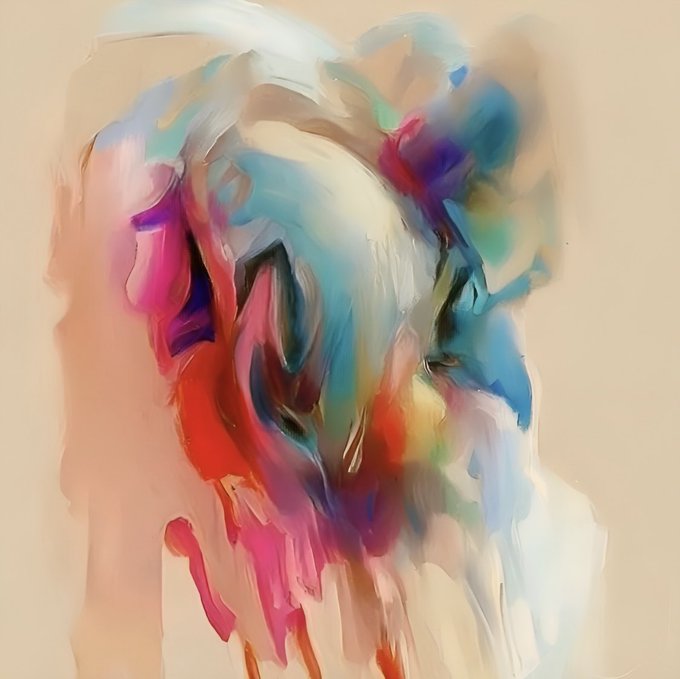 An abstract painting features blended brushstrokes of pink, blue, white, and red against a neutral beige background.