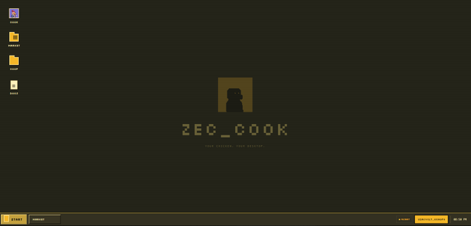 A dark computer desktop screen displaying a stylized avatar with the username "ZEC_COOK" in pixelated text, with a start menu and sidebar icons visible.