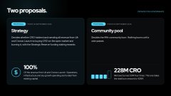 A dark presentation slide titled "Two proposals" compares a "Strategy" option at 100K against a "Community pool" option at 228M CRO.
