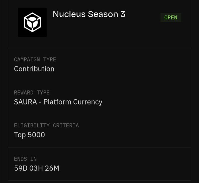 Campaign details card for 'Nucleus Season 3' showing it as a Contribution campaign offering $AURA rewards, requiring Top 5000 eligibility, with 59D 03H 26M remaining.