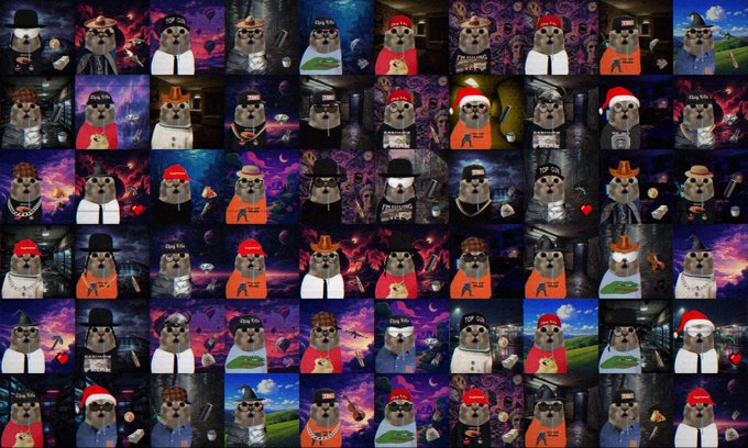A grid of 54 cartoon "Greedy Cat" avatars styled with various accessories (hats, scarves, masks) and Halloween/cosmic backgrounds, visually supporting the post's request for a mint date of the Greed Cats NFT collection.