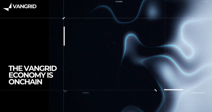 The image is a sleek, dark-themed promotional banner for "Vangrid" featuring the headline "THE VANGRID ECONOMY IS ONCHAIN," with the Vangrid logo in the top-left corner and small text reading "17.0.65 //" and "OPENING DATA //" at the bottom, set against a moody background of glowing blue light trails and grid lines. It complements the post by visually reinforcing VanGrid's positioning as the onchain infrastructure layer that powers real-world perception data for advanced robotics and physical AI systems.