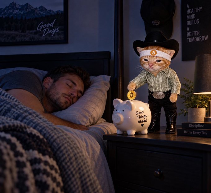 An AI-generated image shows a man sleeping in bed while a cat dressed in cowboy attire deposits a Bitcoin coin into a piggy bank labeled 'Good Things Ahead'.