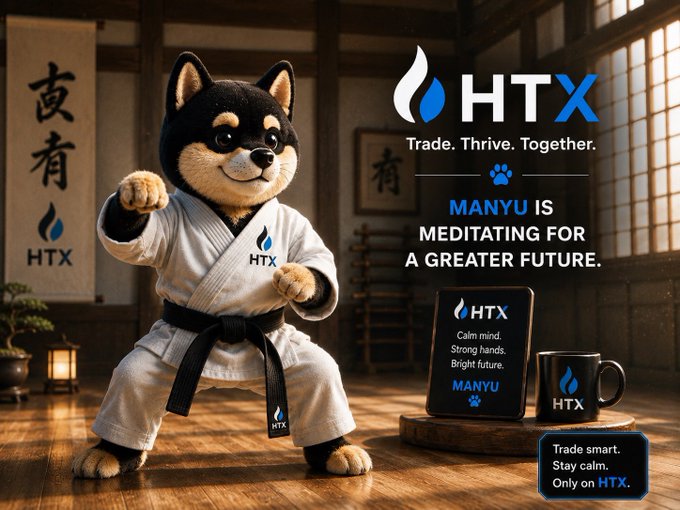 A promotional image features a black Shiba Inu dog wearing a karate gi with the HTX logo, accompanied by the text 'Trade. Thrive. Together.' and 'MANYU IS MEDITATING FOR A GREATER FUTURE,' alongside a branded mug and sign.