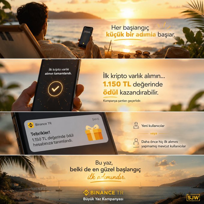 A Binance TR "Büyük Yaz Kampanyası" (Big Summer Campaign) advertisement featuring a person enjoying a sunset by the sea with a smartphone displaying a crypto purchase notification, offering 1,150 TL in rewards to new users for their first crypto purchase. The image visually reinforces the post's message about taking the first step—promoting crypto investment as a simple, rewarding starting point framed as a refreshing summer beginning.