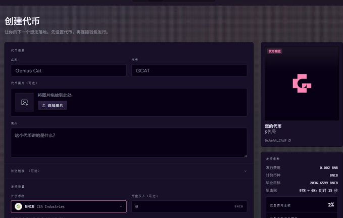 A Chinese-language cryptocurrency token creation interface titled '创建代币' showing the creation of a token named 'Genius Cat' (GCAT) with a 2% transaction tax.