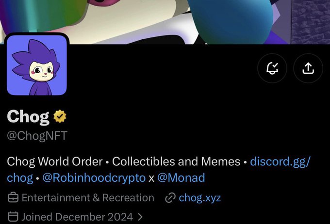 The image shows a profile page for "Chog" (@ChogNFT), described as part of "Chog World Order" for collectibles and memes, tagged with partnerships from @Robinhoodcrypto and @Monad. The accompanying post is a user reaching out to @ChogNFT and others, asking why they weren't included on the whitelist and requesting consideration.