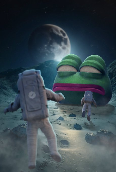 A digital artwork depicting two astronauts in spacesuits walking on a rocky lunar surface toward a giant, sleeping Pepe the Frog head, with Earth visible in the sky above.