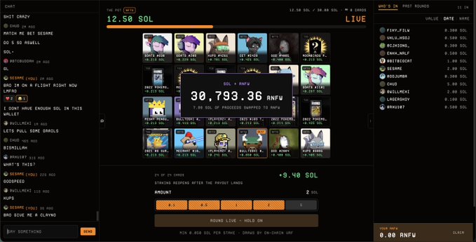 A live chat stream displays the "12.50 SOL" airdrop pool with a highlighted prize of "30,793.36 RNFU" (7.18% of proceeds) along with a grid of NFT characters and viewer avatars. The left sidebar shows multiple users cheering with messages like "SHIT CRAZY," "LET'S PULL SOME SHIFTS," and "GOODSPEED," capturing the excitement of the group airdrop farming event.