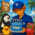The image features a birthday celebration with a cartoon character holding a blue cake decorated with white candles. There are also two other characters present - one wearing a black hoodie and another dressed as a frog. The background includes palm trees, indicating that they might be at a beach or tropical location. The post reads "Happy Birthday, $TON" which is likely the name of the birthday person being celebrated in this image.