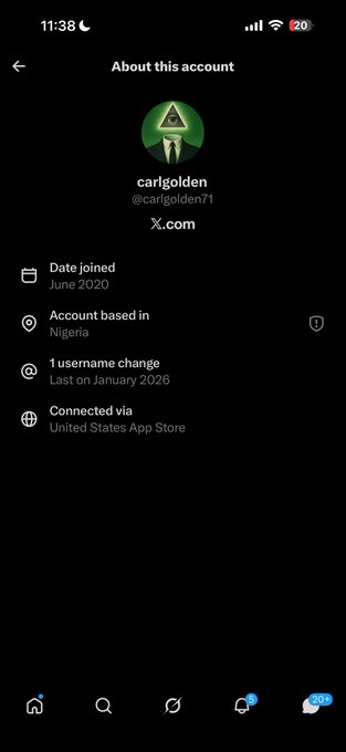 A screenshot of an X (formerly Twitter) account profile page for "carlgolden" (@carlgolden71) shows the account is based in Nigeria, has been active since June 2020, and last changed its username in January 2026. The post mocks the account holder by jokingly referencing conspiracy theories about the Illuminati while expressing disbelief that someone with an eye-of-providence profile picture is based in Nigeria.