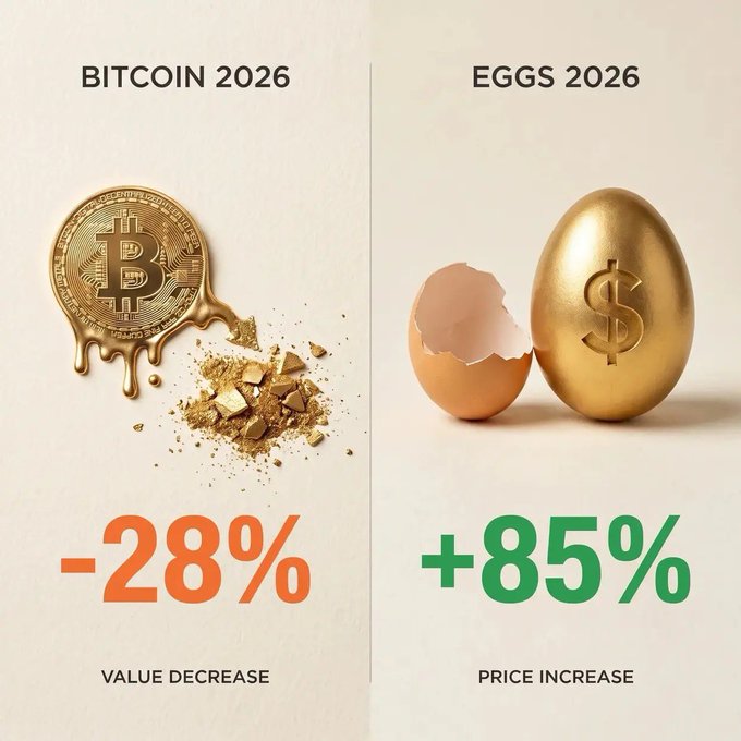 A comparison graphic showing 'BITCOIN 2026' with a melting gold Bitcoin coin indicating a -28% value decrease, versus 'EGGS 2026' with a gold dollar-signed egg showing an +85% price increase.