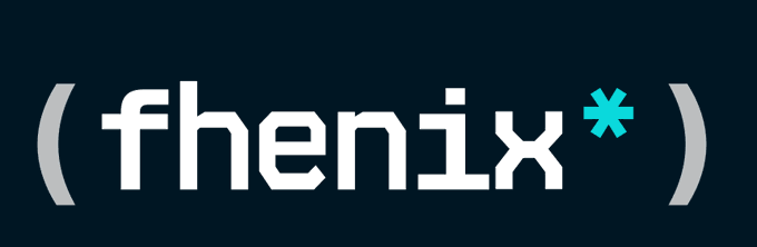 Logo for 'fhenix' displayed in white and gray text with a blue asterisk inside parentheses on a dark navy background.