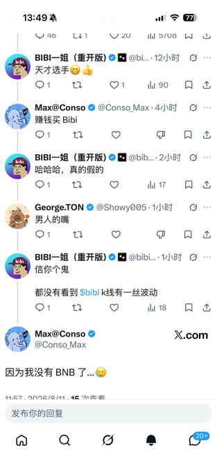 A Twitter/X thread screenshot showing BIBI-姐 (BIBI) responding to Max @Conso_Max's promise to "earn money to buy Bibi," dismissing his claim as "男人的嘴" (men's lies), while George.TON @Showy005 jokingly asks where she got her confidence. The post caption adds context that BIBI's 24-hour trading volume is only $51, with a $0.2 entry hitting $2,000, suggesting Max probably doesn't even have BNB to trade with.
