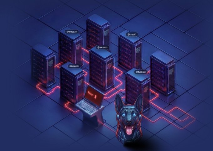 A 3D illustration of multiple dark server racks labeled with usernames (@waL33T, @crypto, @BRTIDO3, @beacon, @53aturn) connected by red cables, with a futuristic robotic dog and a laptop in the foreground.