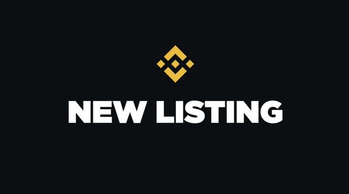 The image features a black background with the Binance logo (a gold geometric diamond design) above bold white text reading "NEW LISTING," announcing that an upcoming cryptocurrency will be listed on the Binance exchange.