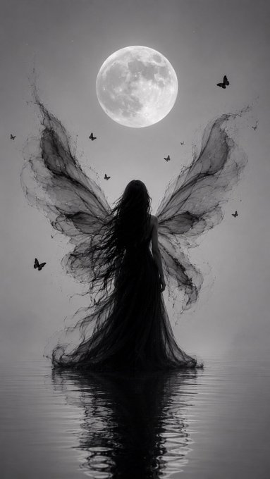 A black and white illustration of a silhouetted female figure with large butterfly wings standing in water beneath a full moon, surrounded by small flying butterflies.