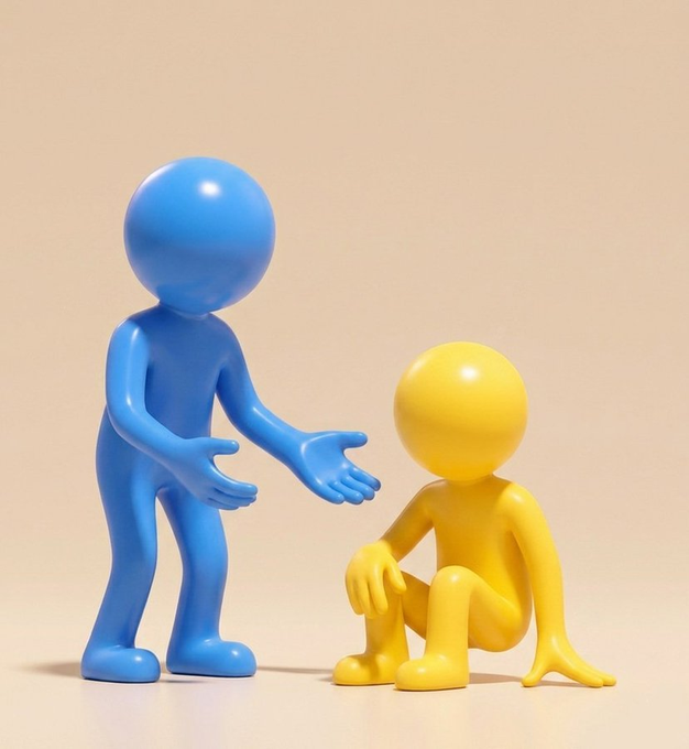 A simple 3D rendering shows a blue figure extending a hand toward a yellow figure that is sitting on the ground against a beige background.