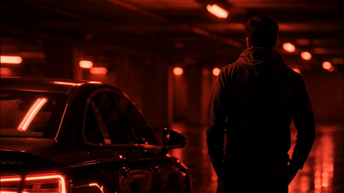 The image shows a man standing next to a car, possibly waiting for someone or just passing by. The car has its lights on, which are red in color. In the background, there's an indoor space with a tunnel-like structure, giving off a spooky atmosphere. The scene appears to be set at night, as indicated by the darkness and the presence of artificial lighting from the car's lights.
