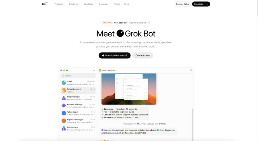 A landing page for 'Grok Bot' showing a dashboard interface with AI teammates like Chef, Salesforce, and Inbox Manager, tagged as 'Early Beta' and available for macOS download.