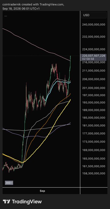 A TradingView chart titled "cointraderk" created on Sep 18, 2026, displays the USD-denominated price action of "$OTHERS" (a market index representing smaller-cap cryptocurrencies excluding top holdings) on what appears to be a 300-minute timeframe, showing a sharp rally that recently pushed the price to a new multi-month high of approximately $220,037,507, breaching the 365-day rolling volume-weighted average price (rVWAP) resistance line for the first time since October 10, as referenced in the post's commentary about outperformers making year-to-date highs.