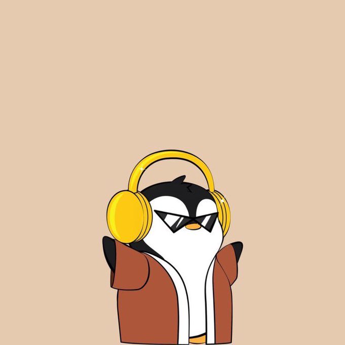 A cartoon penguin wearing yellow headphones, black sunglasses, and a brown jacket, standing against a plain tan background.