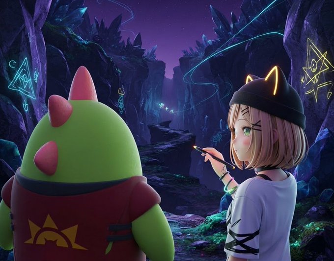 A 3D animated scene featuring a green creature with red spikes and an anime girl with cat ears looking at glowing neon symbols in a dark, crystal-filled cave.