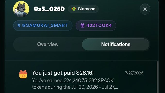 A user profile for '0x5_026D' with a Diamond badge displays a notification stating 'You just got paid $28.16!' for earning $PACK tokens.