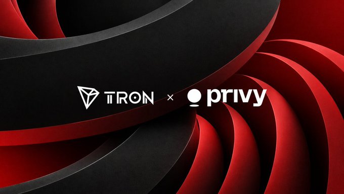 A promotional graphic showing a partnership between 'πTRON' and 'privy' against an abstract red and black swirling background.