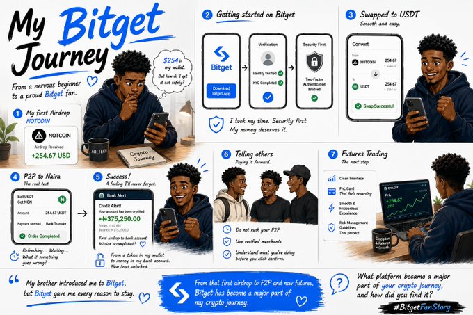 An illustrated comic-style infographic titled "My Bitget Journey" documents a user's progression from a nervous beginner receiving a 254.67 USDT Notcoin airdrop in May 2024 to an experienced Bitget trader utilizing P2P and futures trading features. The seven-panel visual highlights the brand Bitget with key figures like "$254.67," "+254.67 USD," and "₦375,250.00," aligning with the author's narrative of transforming initial crypto apprehension into confidence.