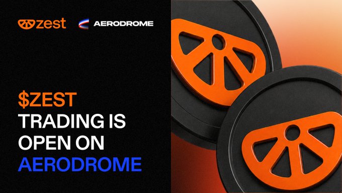 The image features a black background with two orange circles, one larger than the other, positioned at the center of the frame. The text "$ZEST" is written above the circles, while "trading is open on @AerodromeFi" is written below them. This suggests that the post is promoting the trading platform ZEST and encourages users to start trading on Aerodrome.