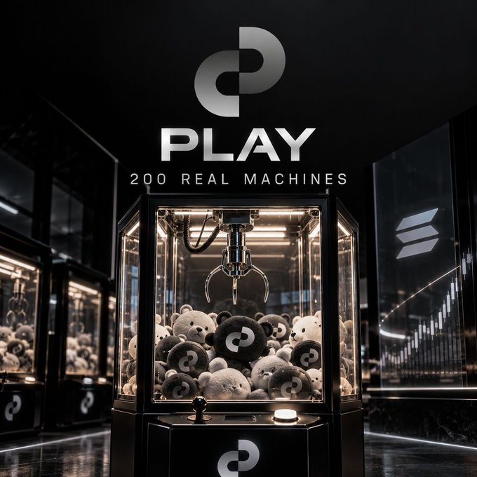An advertisement displaying a 'PLAY' logo above '200 REAL MACHINES', featuring a claw machine filled with plush toys in a sleek, dark setting.