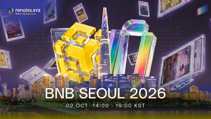 A promotional graphic for the BNB SEOUL 2026 event, featuring a vibrant nighttime cityscape of Seoul with a large 3D golden Bitcoin and a colorful Binance logo as central design elements. The poster, branded with "renadiss.xyz" and "BNB CHAIN," announces the event taking place on October 2 from 14:00–19:00 KST, aligning with the post's invitation to attendees interested in trading cards and onchain collectibles.
