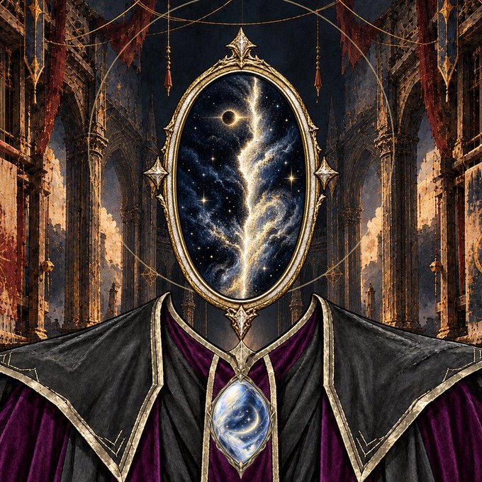 A fantasy illustration depicts a mysterious figure in dark and purple robes with a blue gem, where the head is replaced by an ornate mirror reflecting a cosmic galaxy with an eclipse.
